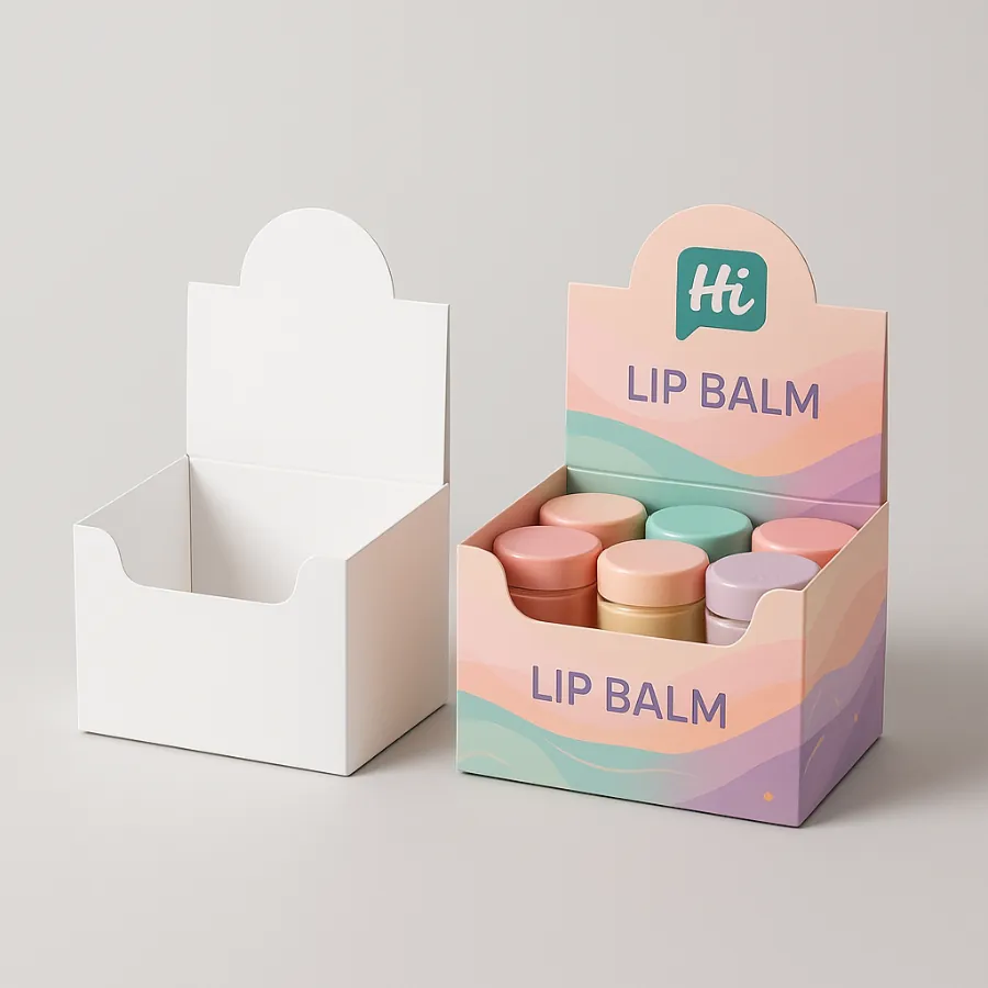 Custom countertop display boxes- open- holding six colourful jars of lip balm- class=